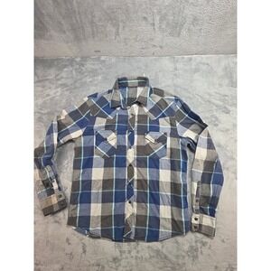 Arizona Jean Co Boys Blue Plaid Western Pearl Snap Button Down Shirt Large 14-16